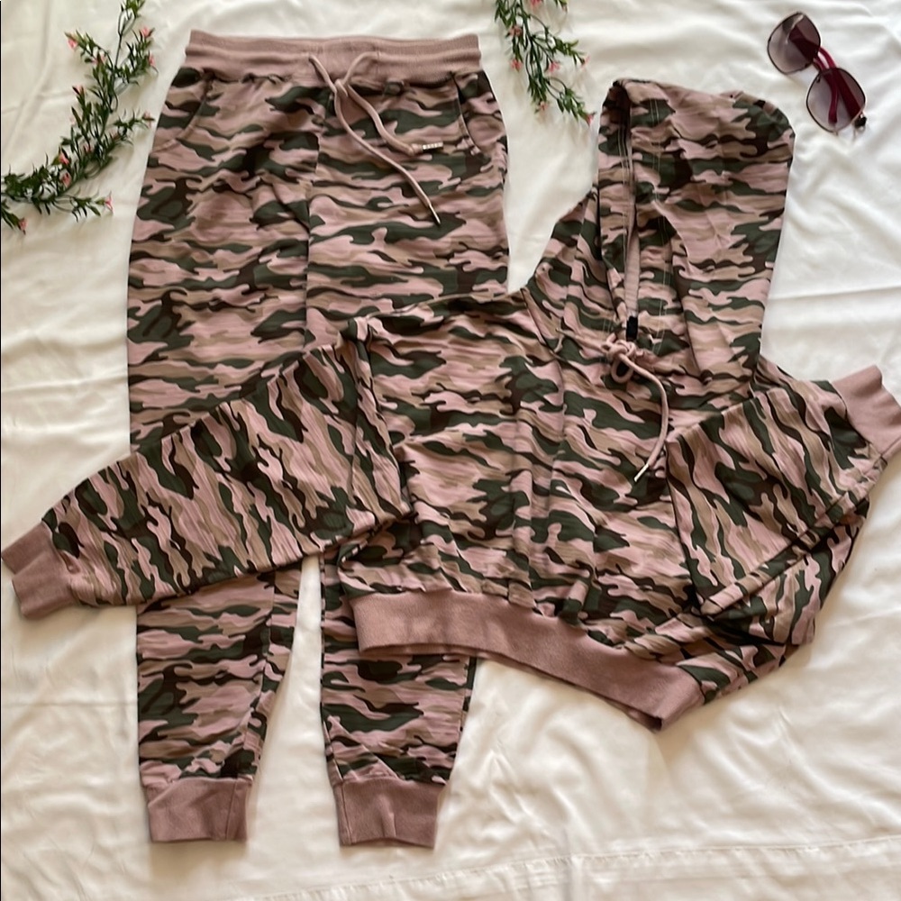NUDE Pink Green Camouflage Cropped Hoodie and Joggers Two Piece Set Small
